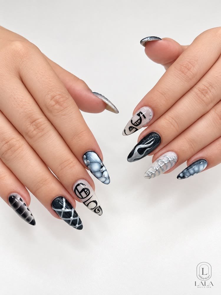 Black and silver chrome nail art, Winnetka CA nail salon