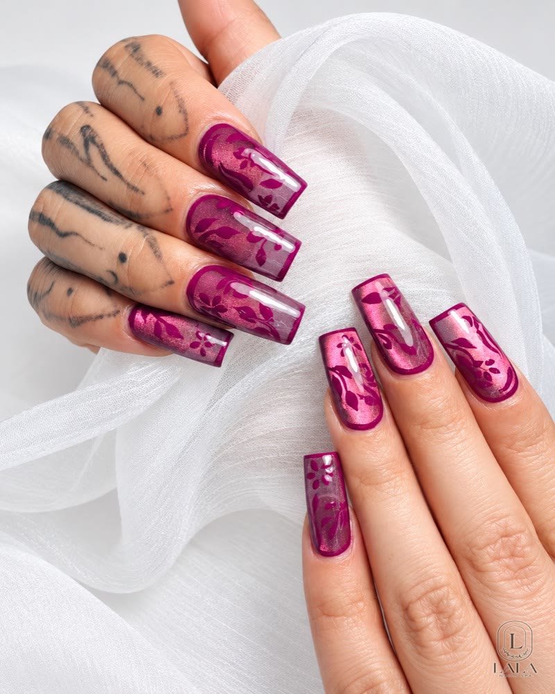 Long burgundy acrylic nails with glossy finish, Winnetka CA nail salon