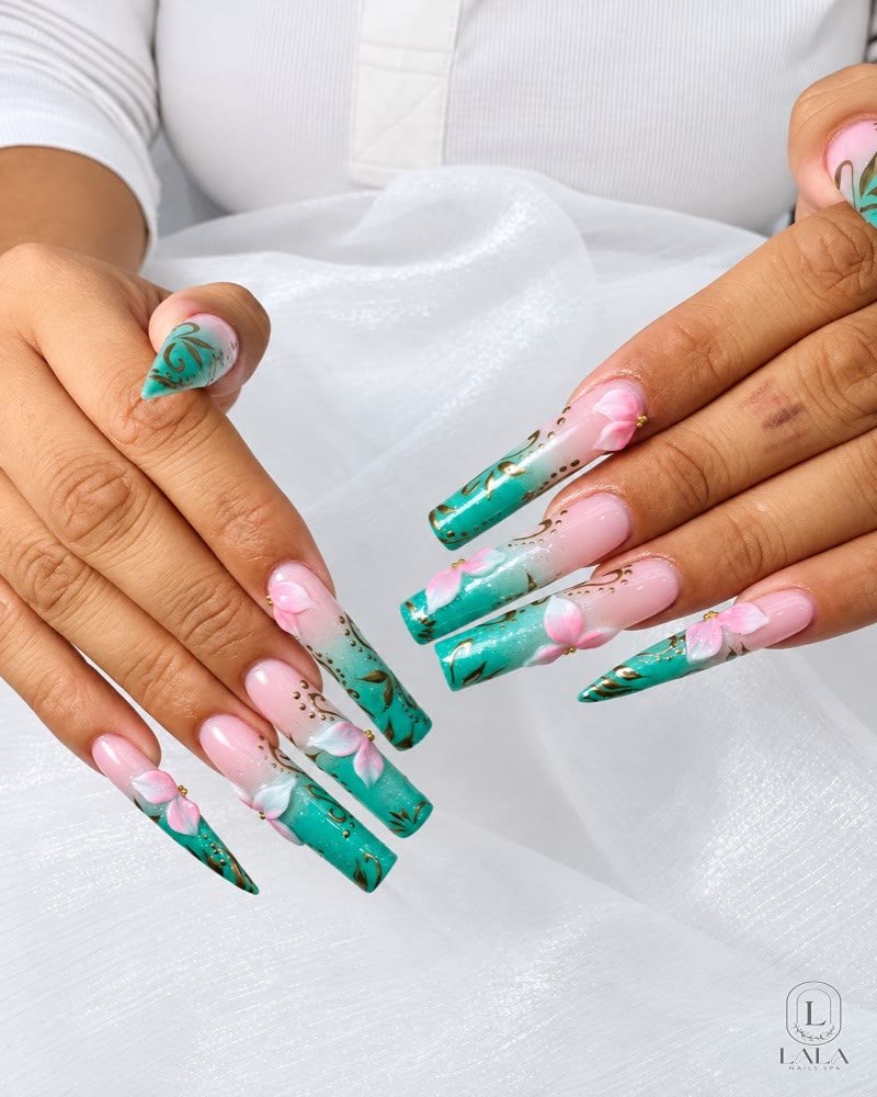 Long Gel-X nail extensions with teal floral nail art in Winnetka, CA