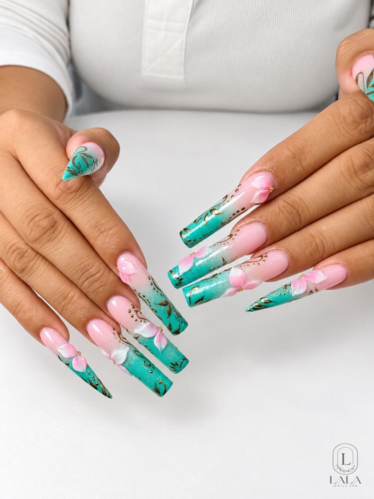 Gel-X nails with teal and pink design, Lala Nails Spa Winnetka